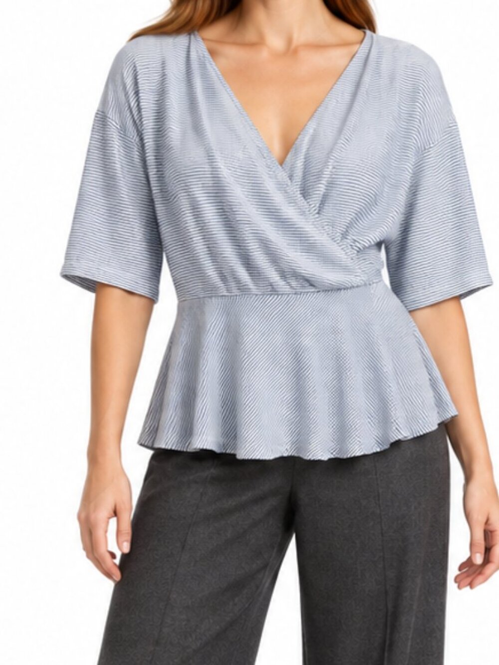 LOFT Blue White Striped Cotton Blend Surplice Peplum Blouse Size Extra Large